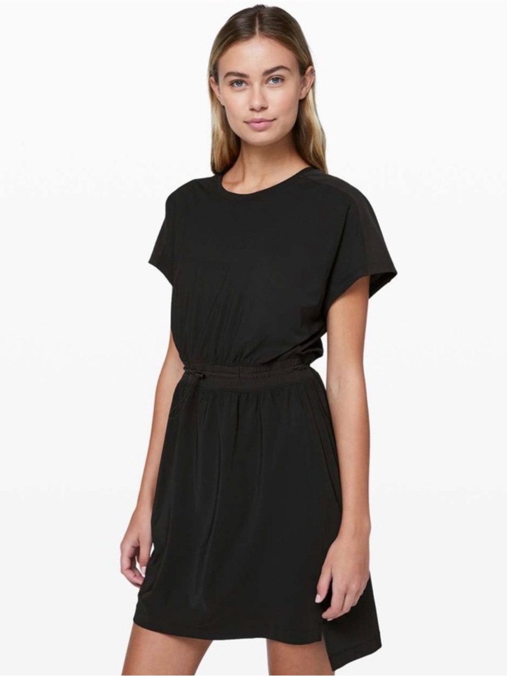 25. lululemon Throw it on Black Short Sleeve Waist-Detail Dress